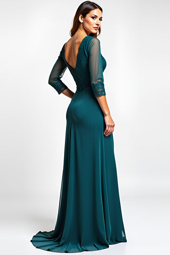 Peacock A Line V-Neck Long Backless Mother of the Bride Dress