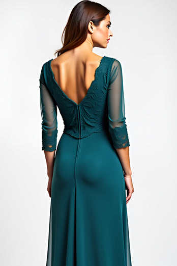 Peacock A Line V-Neck Long Backless Mother of the Bride Dress