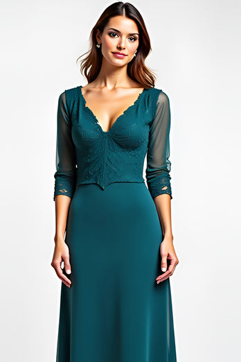 Peacock A Line V-Neck Long Backless Mother of the Bride Dress