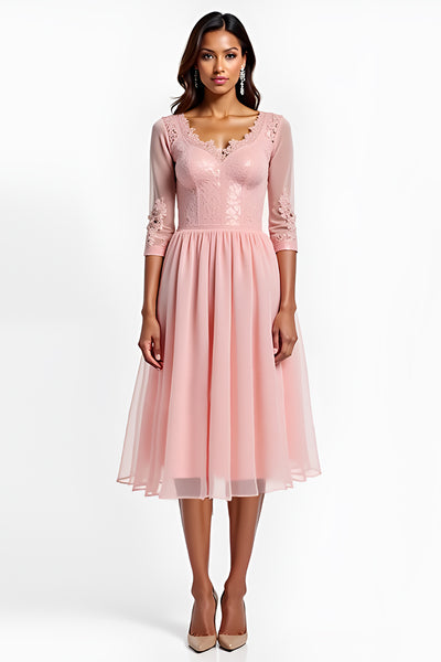 Blush Pink A Line V-Neck Long Mother of the Bride Dress with Sleeves