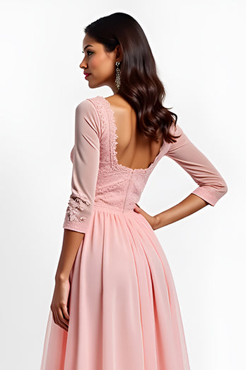 Blush Pink A Line V-Neck Long Mother of the Bride Dress with Sleeves