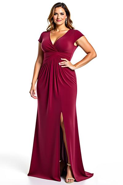 Burgundy Sheath V-Neck Long Mother of the Bride Dress with Slit