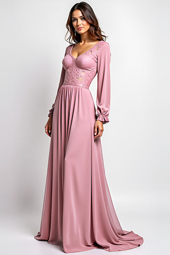 Dusty Rose A Line V-Neck Long Sleeves Mother of the Bride Dress