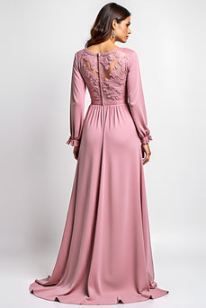 Dusty Rose A Line V-Neck Long Sleeves Mother of the Bride Dress