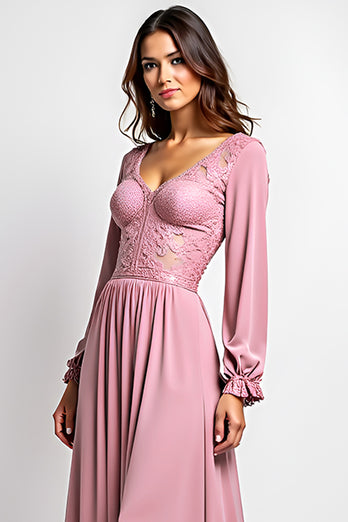 Dusty Rose A Line V-Neck Long Sleeves Mother of the Bride Dress