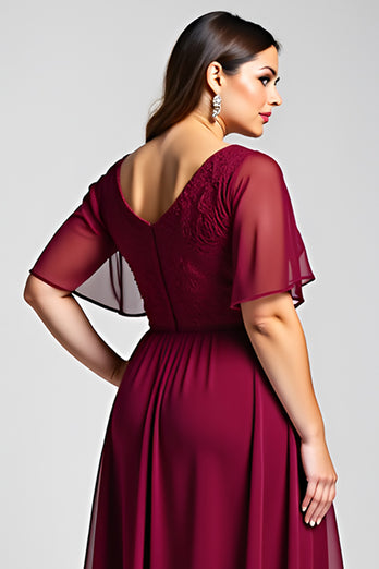 Burgundy A Line Chiffon Long Mother of the Bride Dress with Sleeves