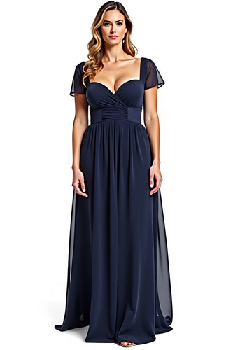 Navy Chiffon A Line Sweetheart Long Mother of the Bride Dress with Sleeves