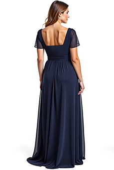 Navy Chiffon A Line Sweetheart Long Mother of the Bride Dress with Sleeves