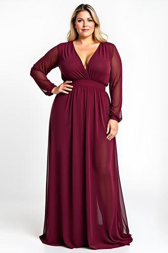 Burgundy A Line Plus Size Long Mother of the Bride Dress with Sleeves