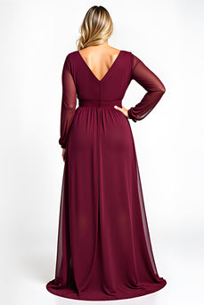 Burgundy A Line Plus Size Long Mother of the Bride Dress with Sleeves