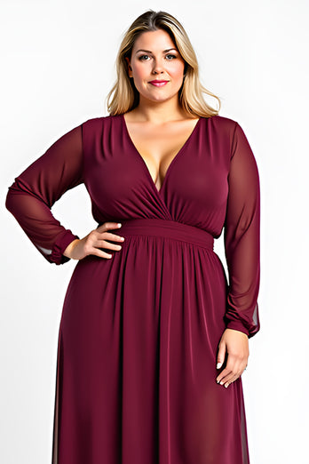 Burgundy A Line Plus Size Long Mother of the Bride Dress with Sleeves