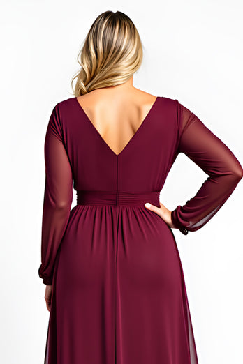 Burgundy A Line Plus Size Long Mother of the Bride Dress with Sleeves