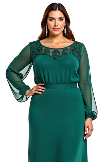 Plus Size Dark Green Chiffon Long Sleeves Mother of the Bride Dress