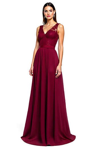 Burgundy A Line Long Chiffon Formal Dress with Appliques