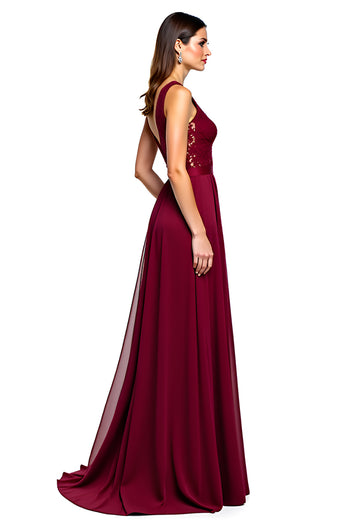 Burgundy A Line Long Chiffon Formal Dress with Appliques