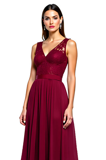 Burgundy A Line Long Chiffon Formal Dress with Appliques