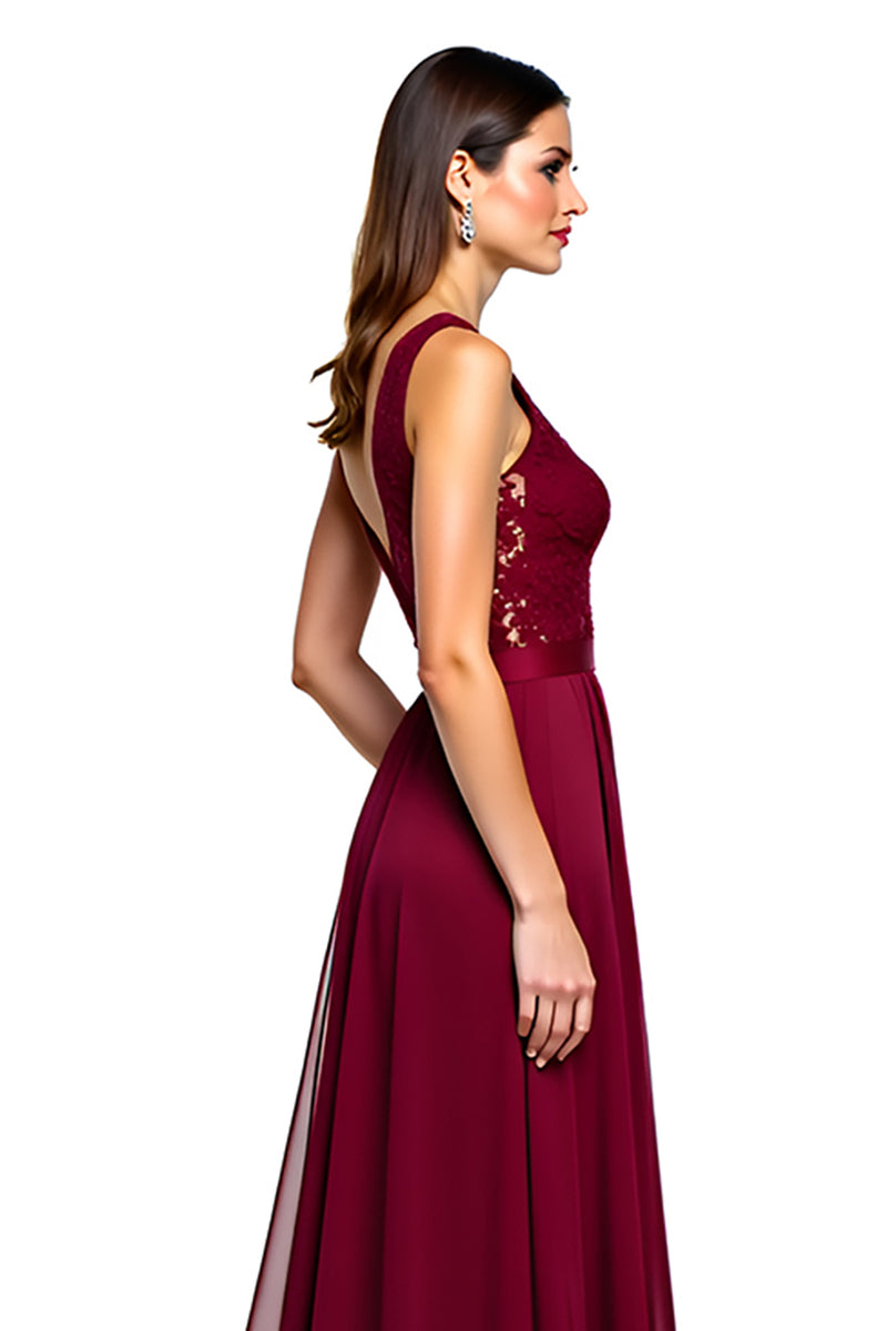 Load image into Gallery viewer, Burgundy A Line Long Chiffon Formal Dress with Appliques