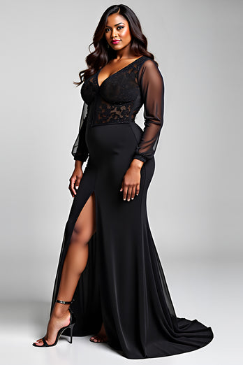 Black V-Neck Long Sleeves Chiffon Formal Dress with Slit