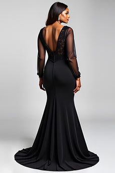 Black V-Neck Long Sleeves Chiffon Formal Dress with Slit