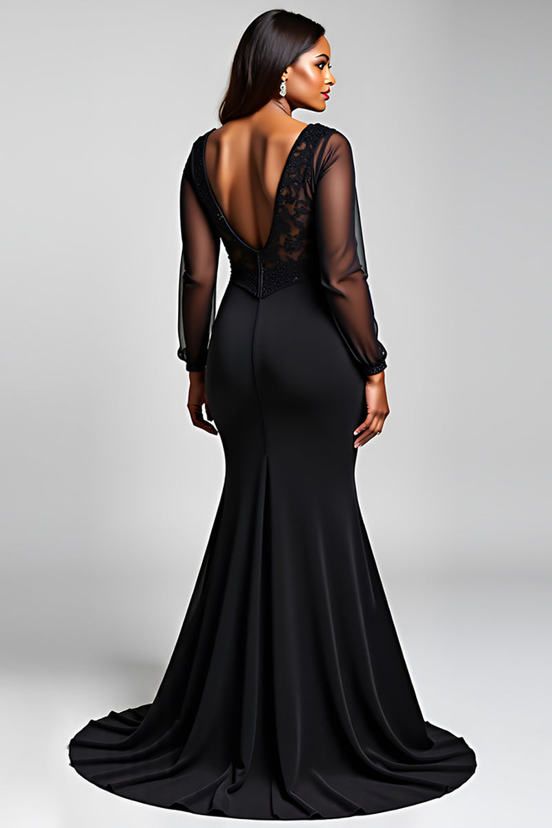 Load image into Gallery viewer, Black V-Neck Long Sleeves Chiffon Formal Dress with Slit