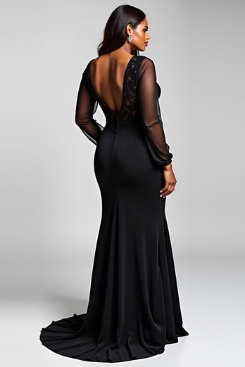 Black V-Neck Long Sleeves Chiffon Formal Dress with Slit