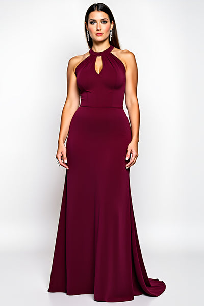 Burgundy Halter A Line Keyhole Long Chiffon Formal Dress