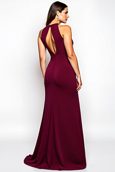 Burgundy Halter A Line Keyhole Long Chiffon Formal Dress