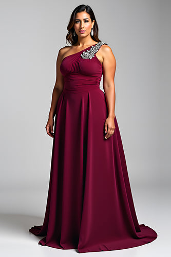 Burgundy One Shoulder A Line Long Chiffon Formal Dress with Beading