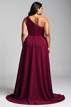 Burgundy One Shoulder A Line Long Chiffon Formal Dress with Beading