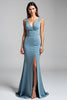 Load image into Gallery viewer, Dusty Blue Backless Mermaid Satin Formal Dress with Slit