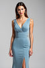 Load image into Gallery viewer, Dusty Blue Backless Mermaid Satin Formal Dress with Slit