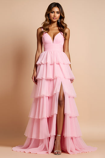 Blush Pink A Line Long Chiffon Prom Dress with Slit