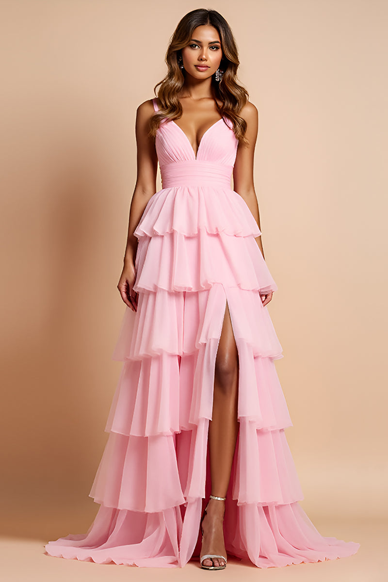 Load image into Gallery viewer, Blush Pink A Line Long Chiffon Prom Dress with Slit