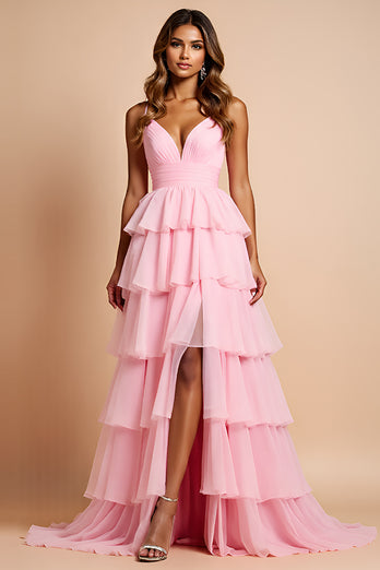 Blush Pink A Line Long Chiffon Prom Dress with Slit