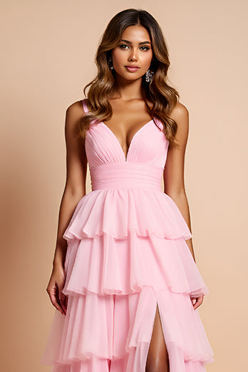 Blush Pink A Line Long Chiffon Prom Dress with Slit