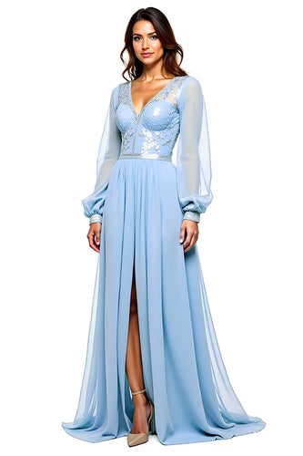 Sky Blue Long Chiffon Prom Dress with Long Sleeves