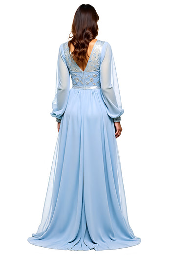 Sky Blue Long Chiffon Prom Dress with Long Sleeves