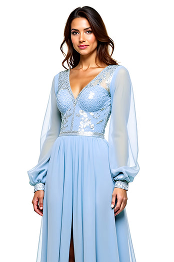 Sky Blue Long Chiffon Prom Dress with Long Sleeves