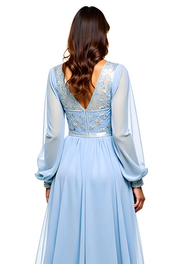 Sky Blue Long Chiffon Prom Dress with Long Sleeves