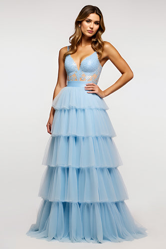 Sky Blue Long Tiered Tulle Prom Dress with Appliques