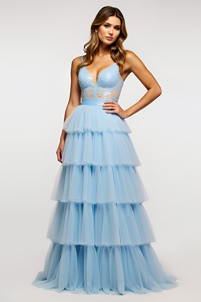 Load image into Gallery viewer, Sky Blue Long Tiered Tulle Prom Dress with Appliques