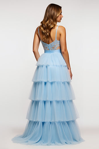 Sky Blue Long Tiered Tulle Prom Dress with Appliques