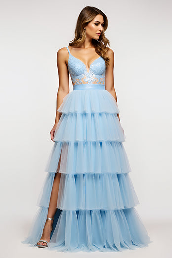 Sky Blue Long Tiered Tulle Prom Dress with Appliques