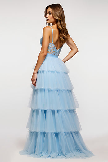 Sky Blue Long Tiered Tulle Prom Dress with Appliques