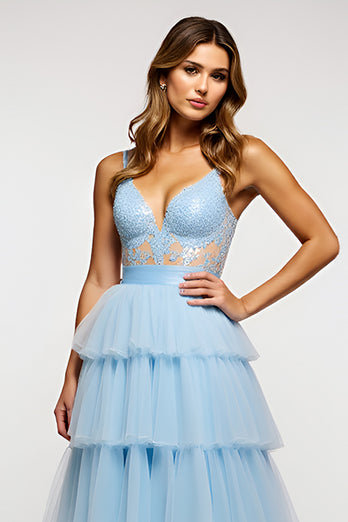 Sky Blue Long Tiered Tulle Prom Dress with Appliques