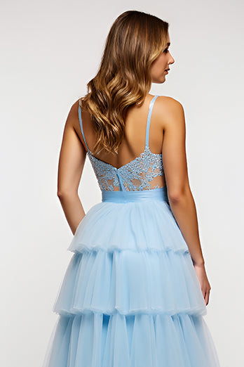 Sky Blue Long Tiered Tulle Prom Dress with Appliques