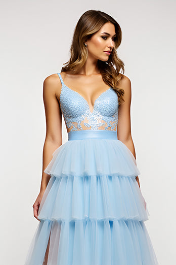 Sky Blue Long Tiered Tulle Prom Dress with Appliques