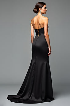 Black A Line Strapless Long Graduation Dress with Slit