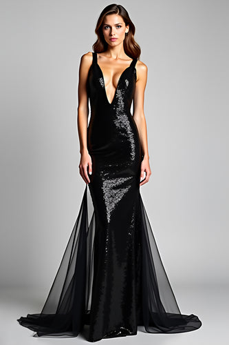 Sparkly Mermaid Deep V-Neck Long Graduation Dress