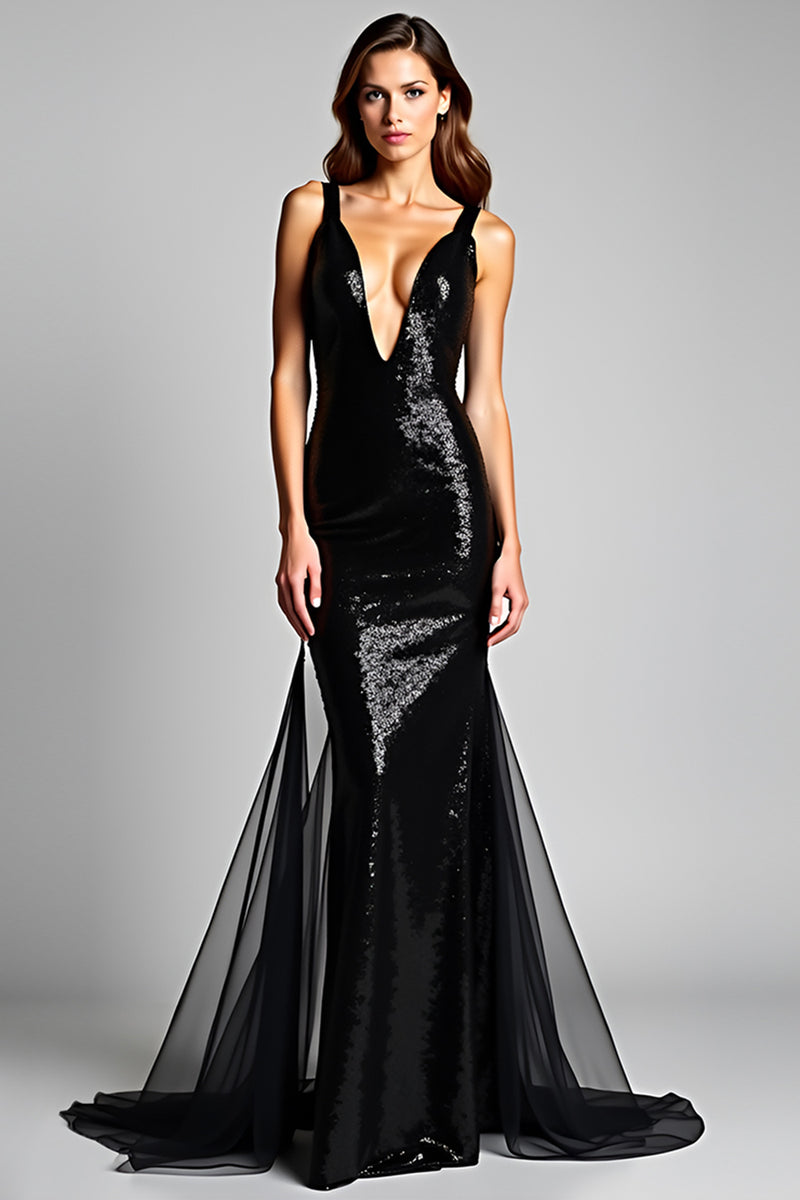 Load image into Gallery viewer, Sparkly Mermaid Deep V-Neck Long Graduation Dress